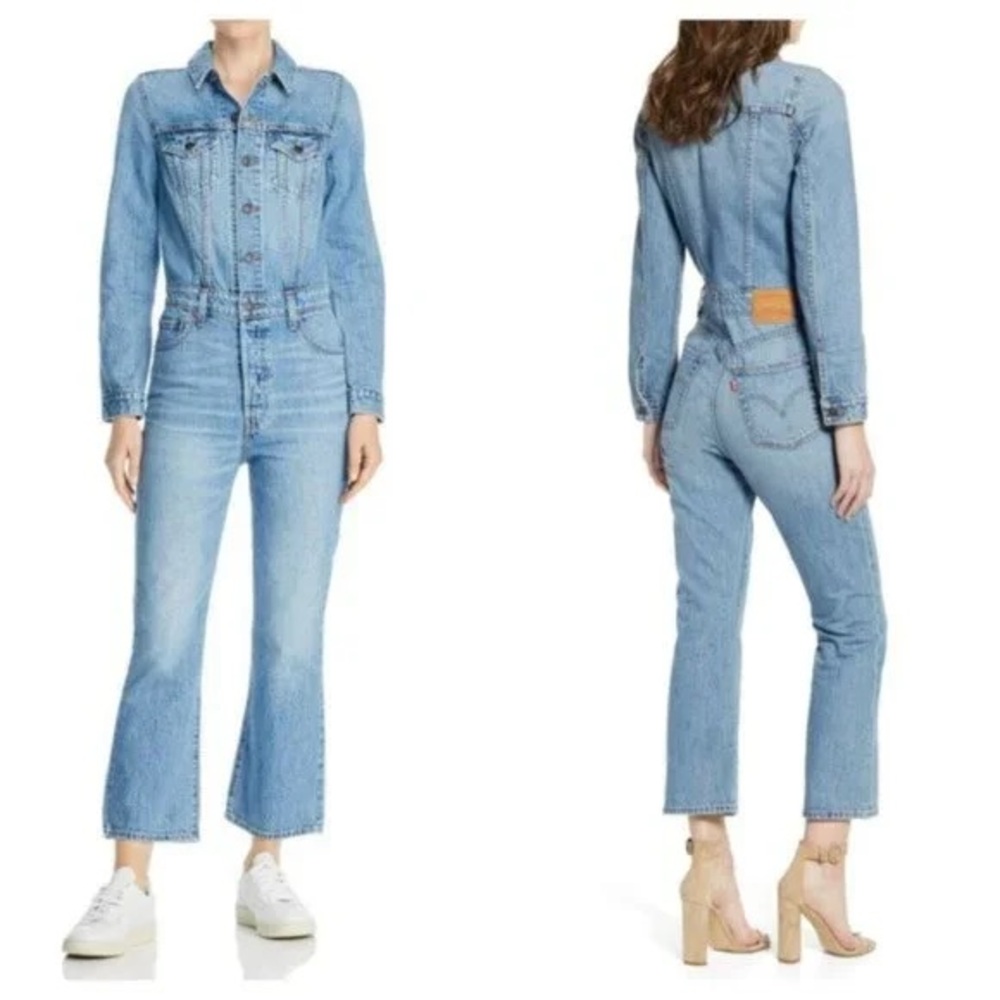 WOMEN'S LEVI'S KICKFLARE DENIM JEAN JUMPSUIT IN MEDIUM WASH COVERALLS Sz S